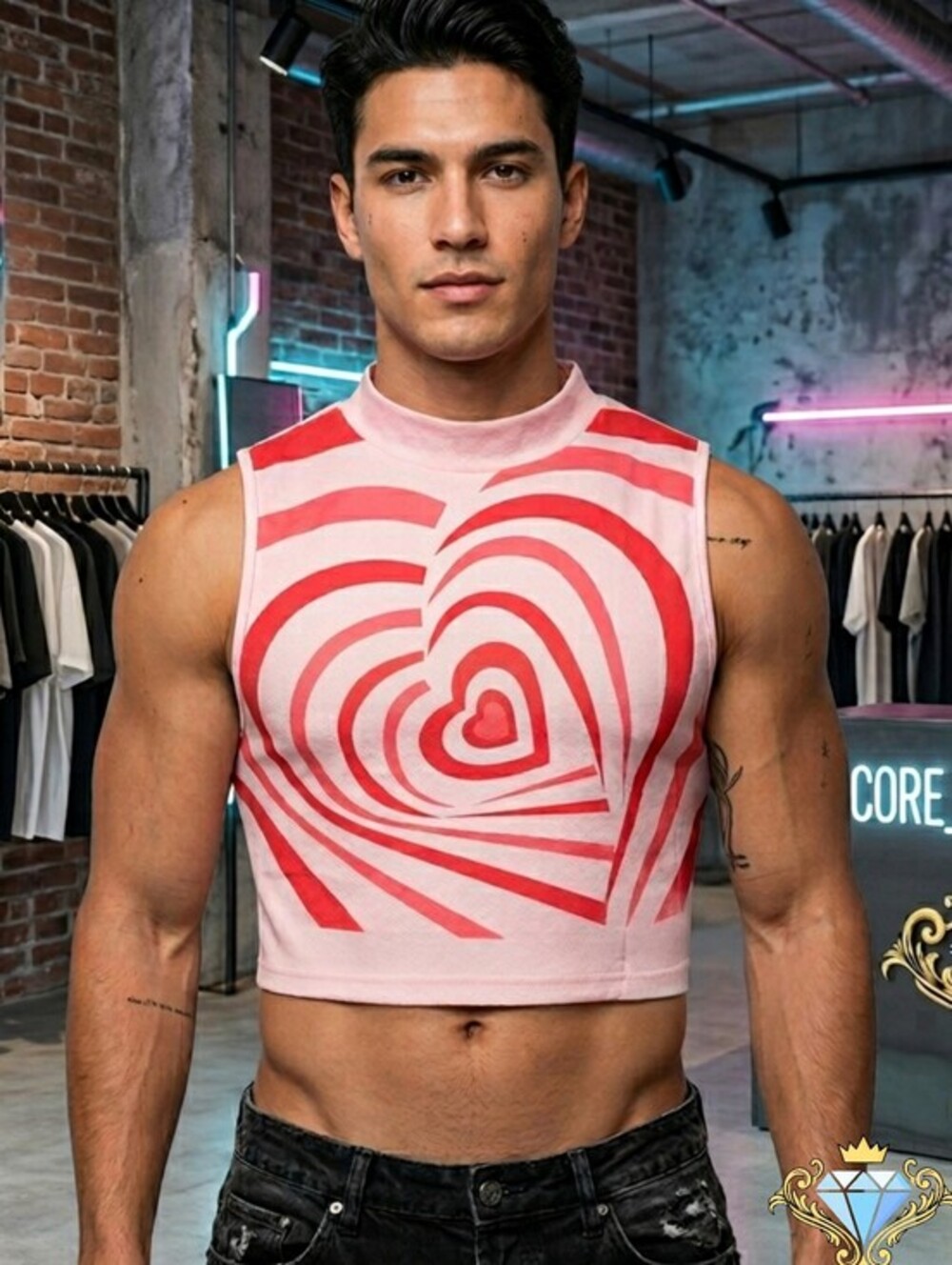 SHEIN Men's Pink & Red Trippy Heart Mock Neck Cropped Tank Top - Size L